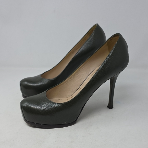 Yves Saint Laurent Dark Green Leather Heels Pumps Size 38.5